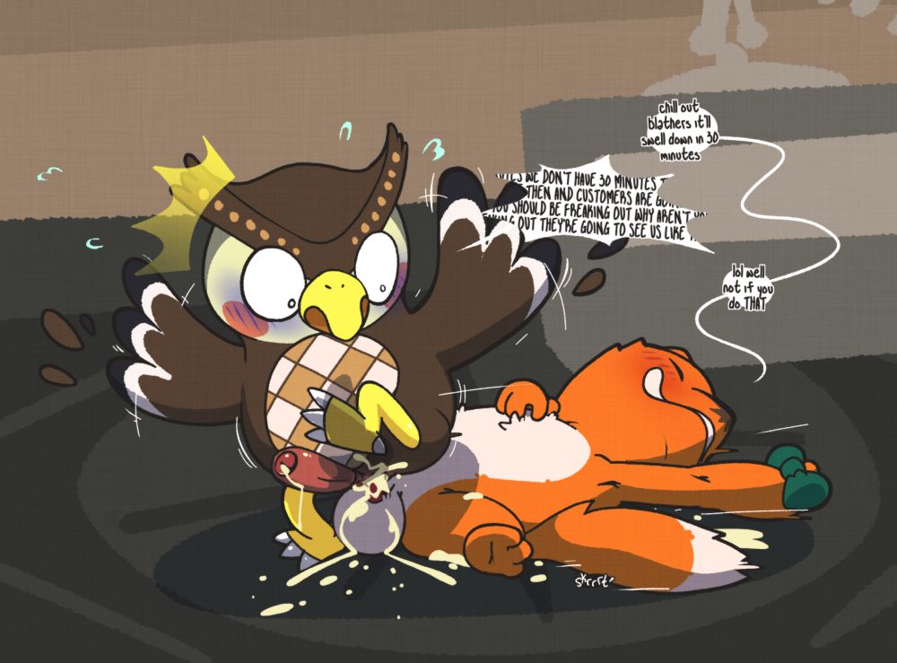 It's almost museum opening time, and Blathers is still stuck on Redd's knot "Yeah, yeah, it'll go down in a minute..."