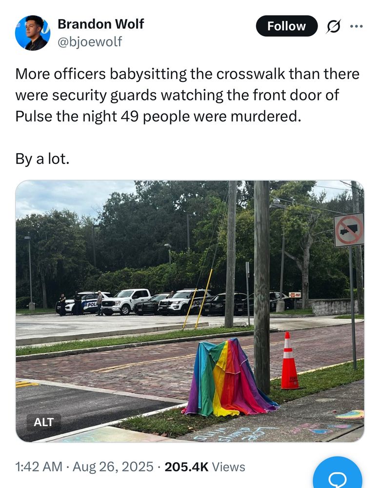 Post by Pulse nightclub shooting survivor and activist Brandon Wolf. Image of crosswalk and following text by Wolf: 
