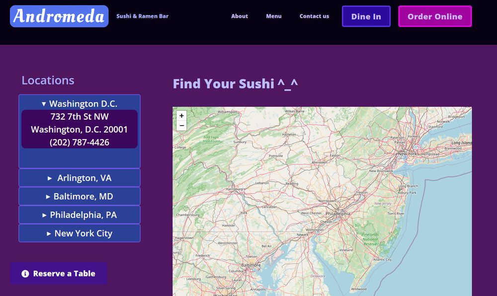 sushi restaurant website, with the navbar, location cards, and a leaflet webmap showing