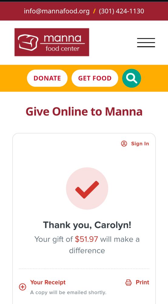 Donation receipt to Manna food center in order to get cat cat cat picture 