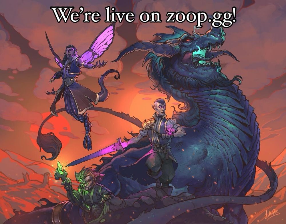 Fantasy landscape with a group of heroes in ready action poses. A dragon, an elf, a fairy, and a wood troll all ready for action. 