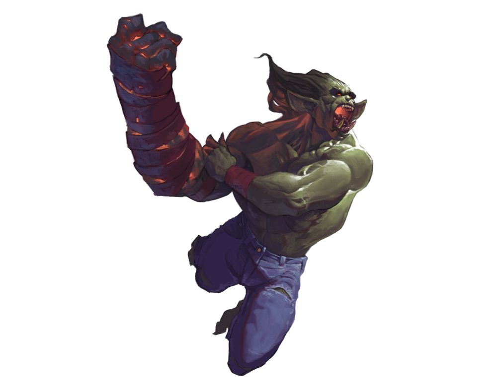 a green-skinned money orc leaping through the air with one massive flaming fist getting ready to attack. Also, he’s wearing jeans for some reason. 
