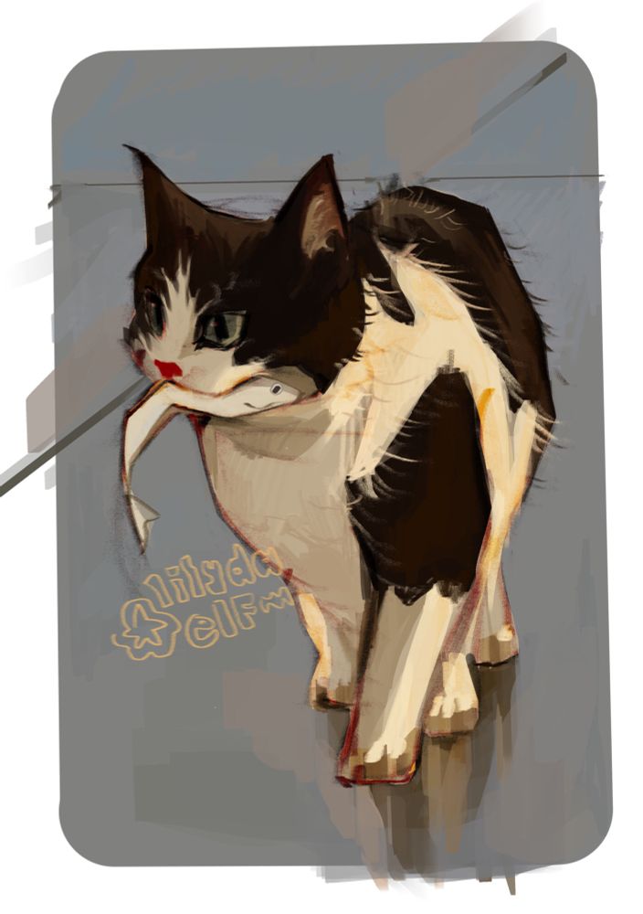digital drawing of a cat with fish in it’s mouth