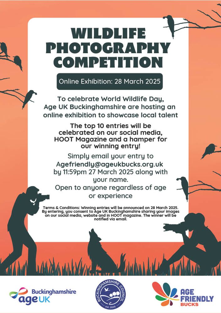 Poster with orange background and silhouettes of people taking photos of a dog with the words "Wildlife Photography Competition".