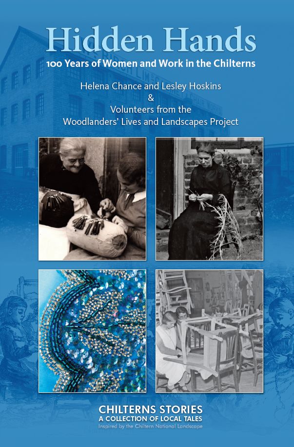 Front cover of a blue book with four images; two of women weaving, one of some lace, and one of a chair, with the words "Hidden Hands".
