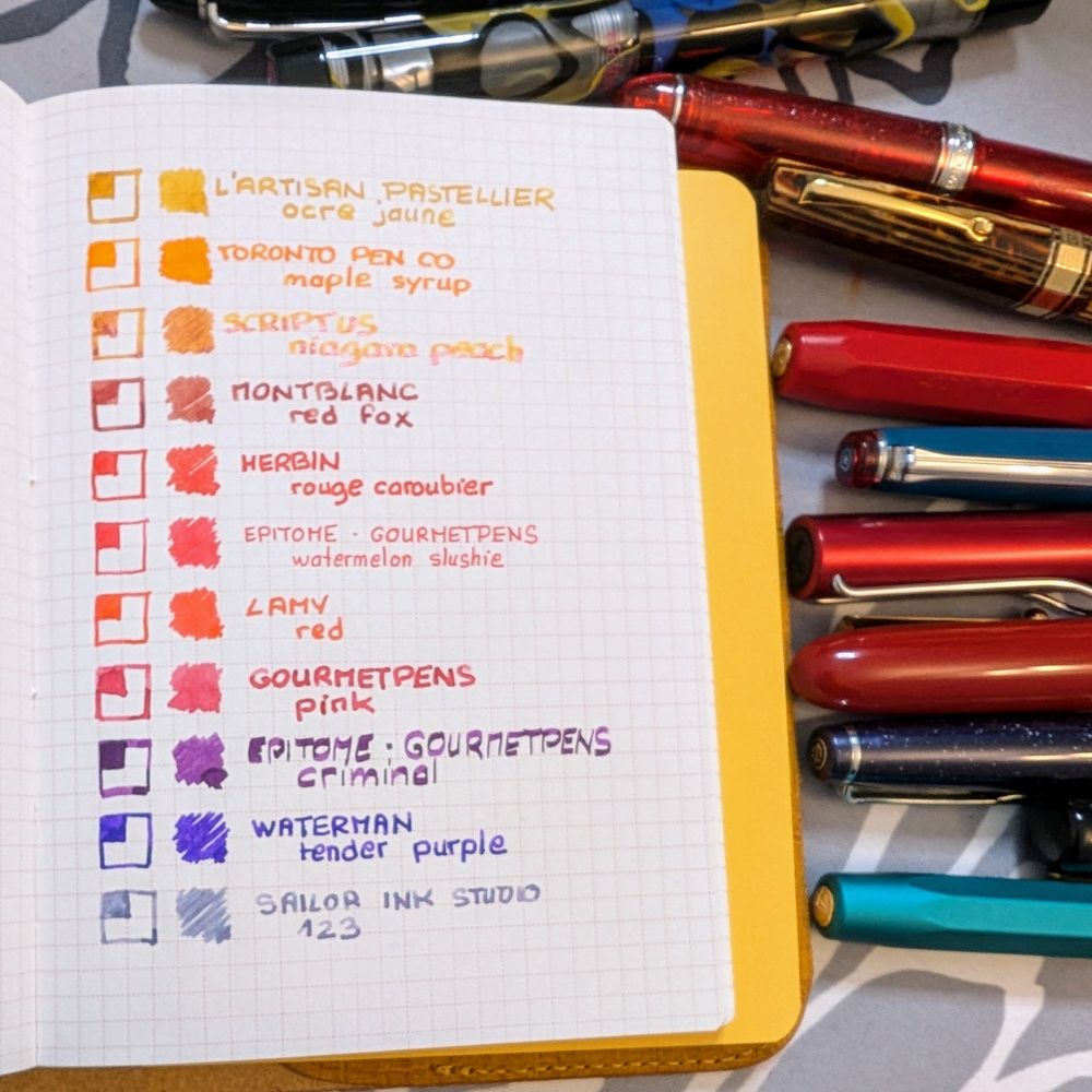 A list of fountain pen inks next to a bunch of fountain pens.
