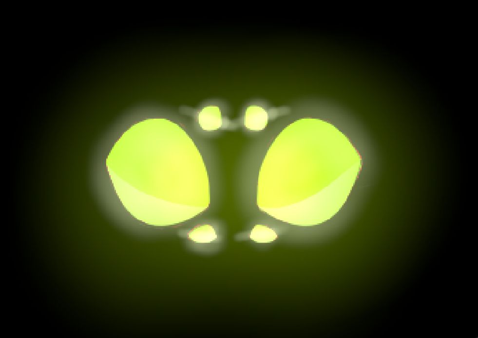a close up of my Wiever character's eyes glowing green in the dark while giving off a glowing hue 