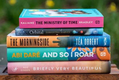 Pile of 5 books shortlisted for the Climate Fiction Prize (books described in thread below)