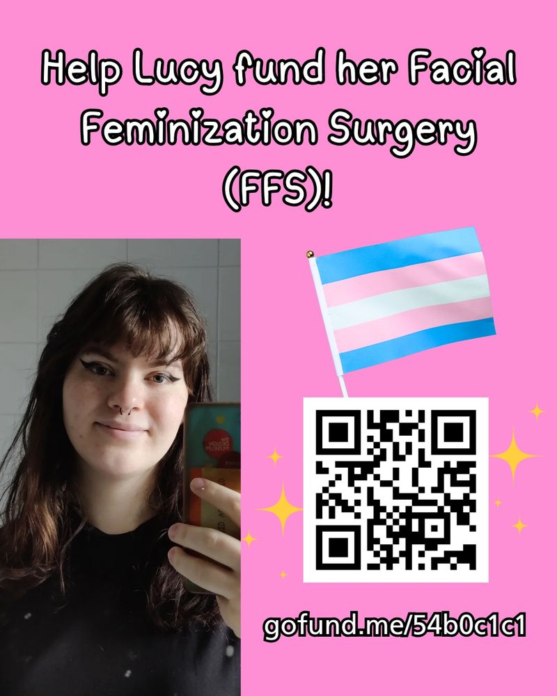 ID: A graphic with a bright pink background. White text with a black border says "Help Lucy fund her Facial Feminization Surgery (FFS)!". A QR code at the bottom surrounded by yellow sparkles and the GoFundMe link written underneath. A pastel trans flag ascends from the QR code. On the left, a selfie of Lucy, a woman wearing black eyeliner and a black shirt with long brown hair and a fringe, taken in a bathroom mirror.