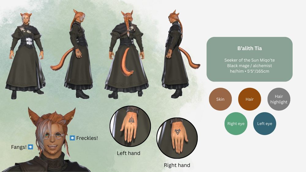 A one-page visual reference sheet for B’alith, a male Miqo’te with long red-brown hair and silver round-rimmed glasses. He wears ankle-length black robes, cinched at the waist with a corset-like black belt. Closeups of his hands shows that the backs are tattooed with black magical sigils, and his nails are sharp and claw-like.