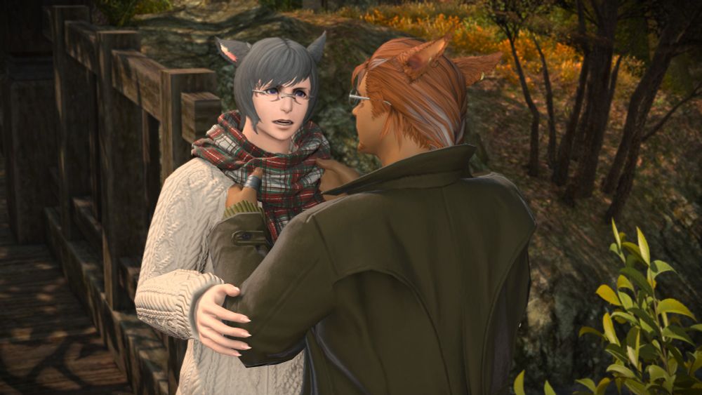 Zhai'a looking surprised and a little flustered about B'alith fussing with his scarf.