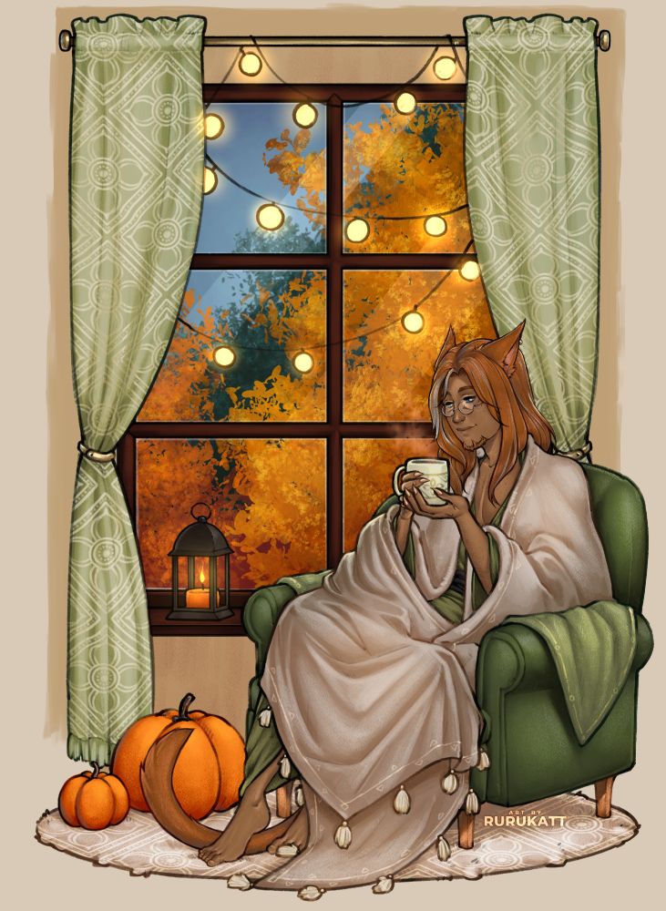 A digital illustration of B'alith sitting in an armchair beside a large window, wrapped in a blanket and enjoying a steaming cup of tea. His hair is unbraided, and he wears a green dressing gown. The curtains are pulled back to show autumn foliage outside, and a string of lights hangs in the window; a lantern burns on the windowsill, and two pumpkins sit on the floor beside him.