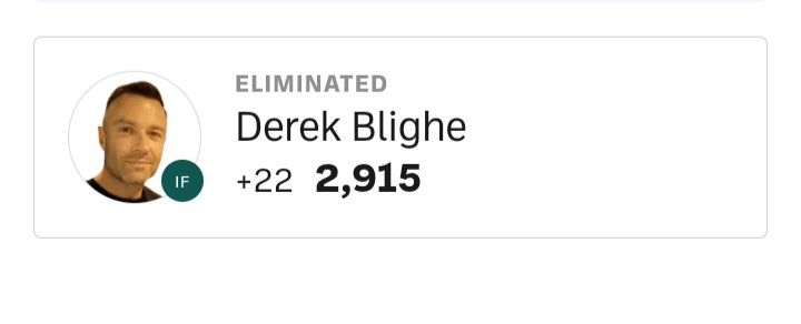 A screenshot of Derek Blighe's elimination from the General election race in Cork North Central. Picture of Derek Blighe's smug fascist face on the left in a circular insert with a small IF next to it. Text says "Eliminated, Derek Blighe, +22 (new votes from the last count) and 2915 in bold (the total number of votes he got)