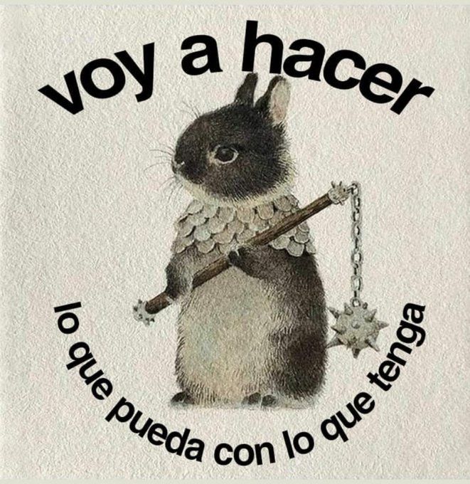 Dibujo de Conejito gris con la pnza blanca, erguido sobre sus patas traseras, que viste un poco de cota de escamas y lleva un mayal en las patas delanteras. Lo rodea un texto que dice "voy a hacer lo que pueda con lo que tenga" 