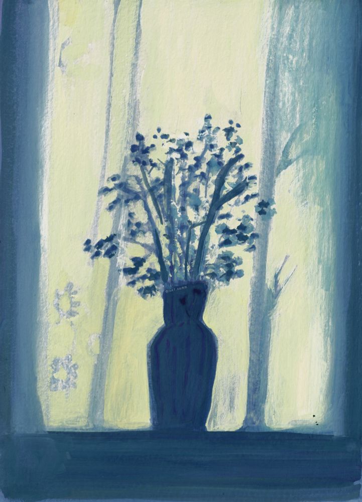 A gouache painting in a handmade watercolor sketchbook of a shadow of a vase with flowers on a wall. The paintings looks flowing and whimsical.