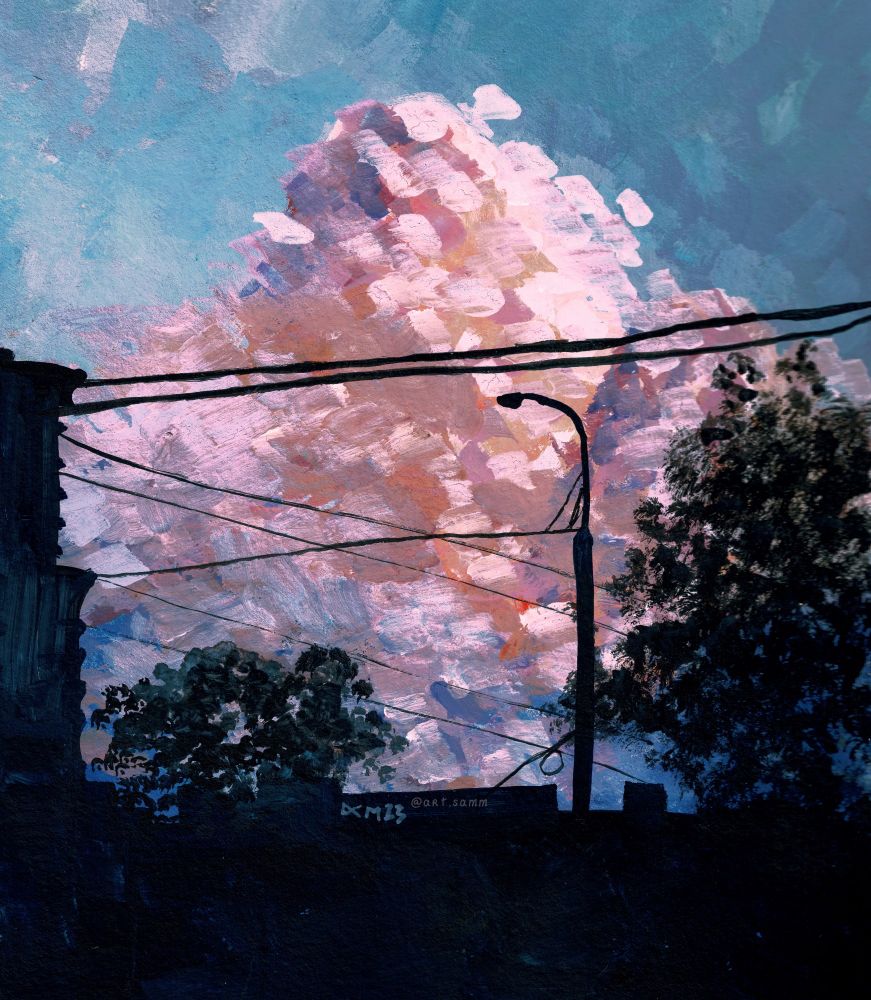 A gouache painting in a handmade watercolor sketchbook of a beautiful rosy sunset over an urban landscape.