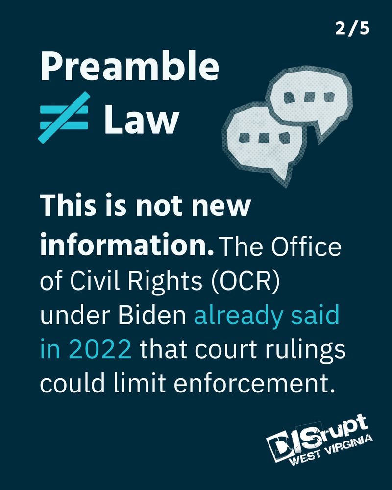 Infographic text clarifies that the Section 504 preamble is not law and this information is not new, referencing a 2022 OCR statement. Includes chat bubble icons and the DISrupt West Virginia logo.
