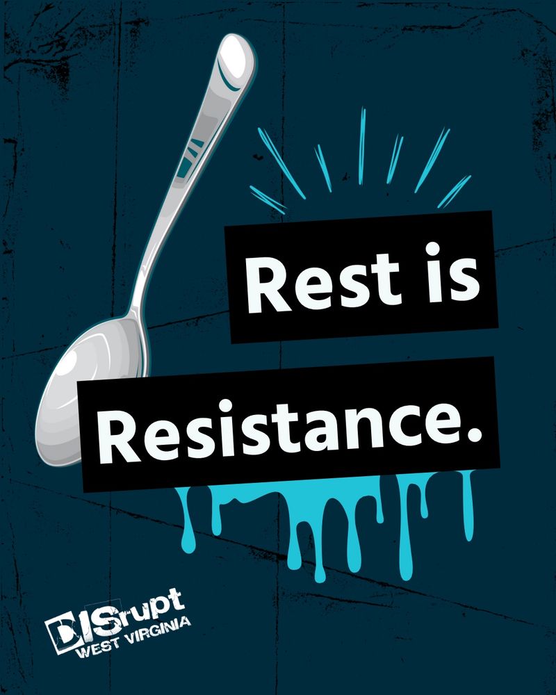 Dark blue background featuring a silver spoon with the text "Rest is Resistance.”