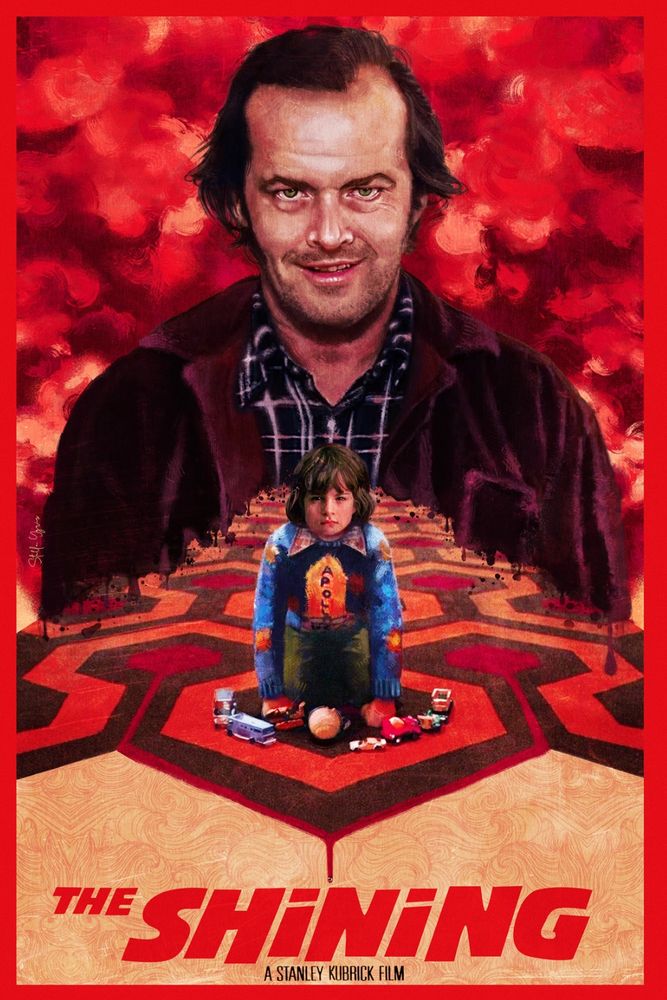 A stylized movie poster for "The Shining," featuring a sinister-looking man with a slight grin above a frightened child sitting on a patterned carpet, surrounded by toys. The background is a bright red, enhancing the eerie atmosphere.