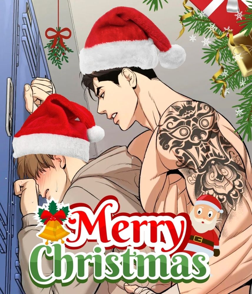 tela do manhwa Jinx com Kim Dan sendo encurralado pelo Jaekyung no armário do vestiário mas editada para parecer um cartão natalino, com chapéu de papai noel nos personagens, a mensagem MERRY CHRISTMAS decorada com sino e papai noel, elementos natalinos em um dos cantos da imagem e um mistletoe  