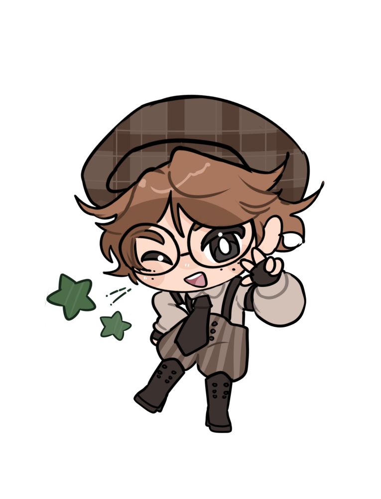 Chibi of Elias J Dodger, 1920s Writer, with green stars. She's making a peace sign and winking