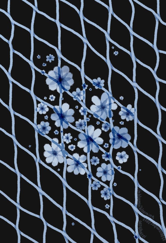 A blue monochrome digital painting of flowers blooming in the centre, while a net/fence pattern covers the canvas. 

Artwork title: I'm bloomin' blooming
Artist: Aezyl Hazelwood
Inspired by Yayoi Kusama.