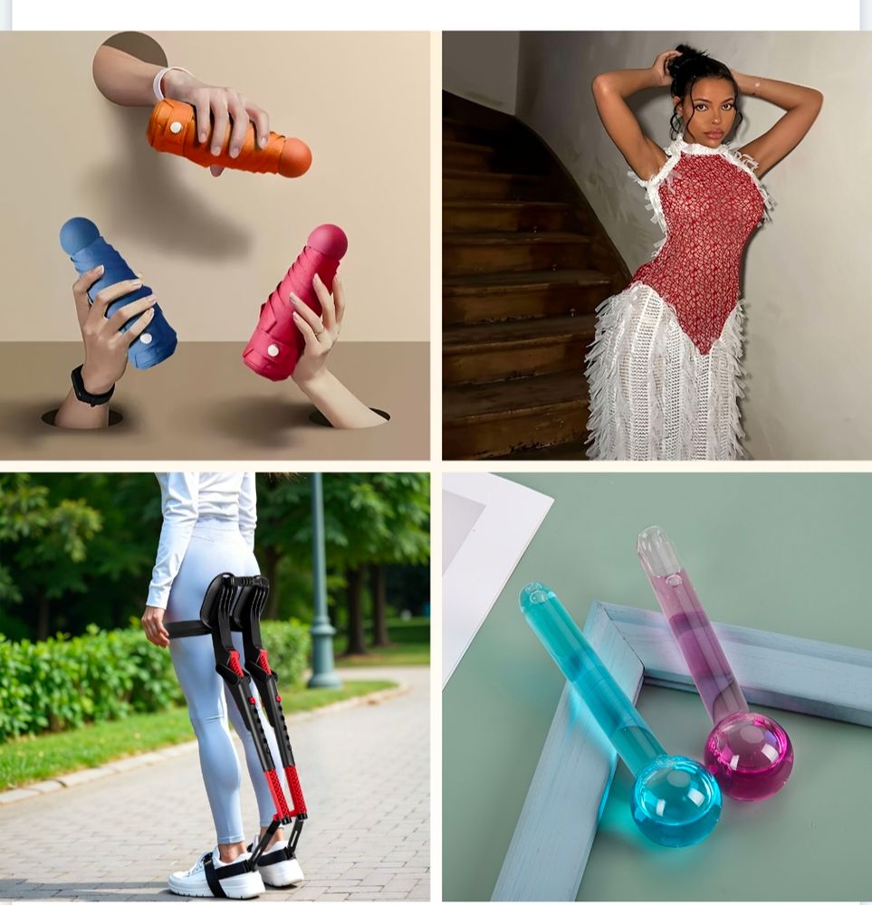 Escher dildos, Winchester mystery dress, butt rest and gender reveal party crack pipes (Seriously holes with hands sticking out holding what looks like colorful dildos, a very ugly dress with a weird perspective hallway in the background, some sort of contraption attached to a pair of legs that goes from heels to a butt pad, and two crack pipes in blue and pink)