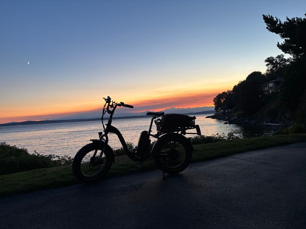 a picture of my black e-bike in front of a sunset over Elliott Bay, taken from Magnolia Tidelands Park