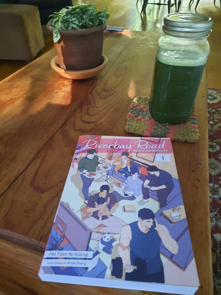 Coffee table with book Riverbay Road Men's Dormitory 1, matcha tea drinking Mason jar and some kind of plant in terracotta pot.