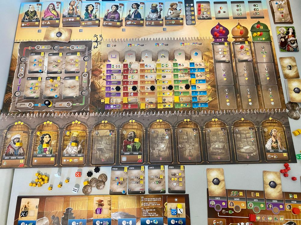 An overhead view of the very complex board for “Scholars of the South Tigris,” mid-play. 