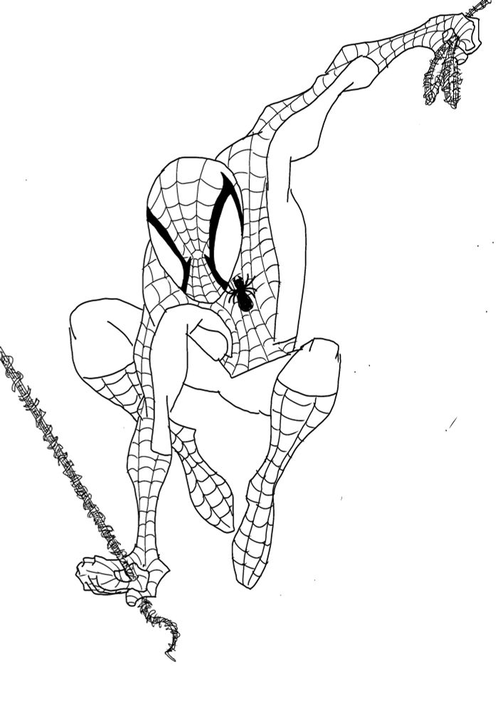 Spiderman balanceándose entre dos telarañas con su traje tradicional.