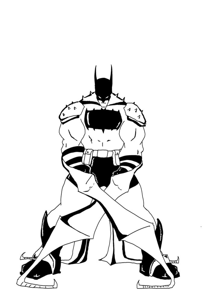 Absolute Batman en la postura promocional del principio, de frente con los brazos cruzados sujetando su capa/látigo.