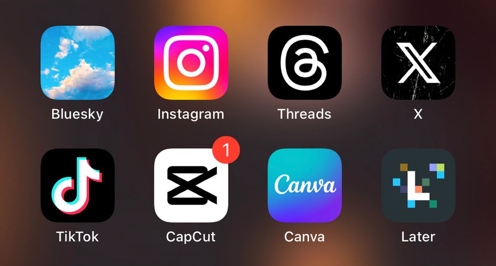 An cropped image of a phone screen that displays Bluesky, Instagram, Threads, Twitter, TikTok, CapCut, Canva and Later