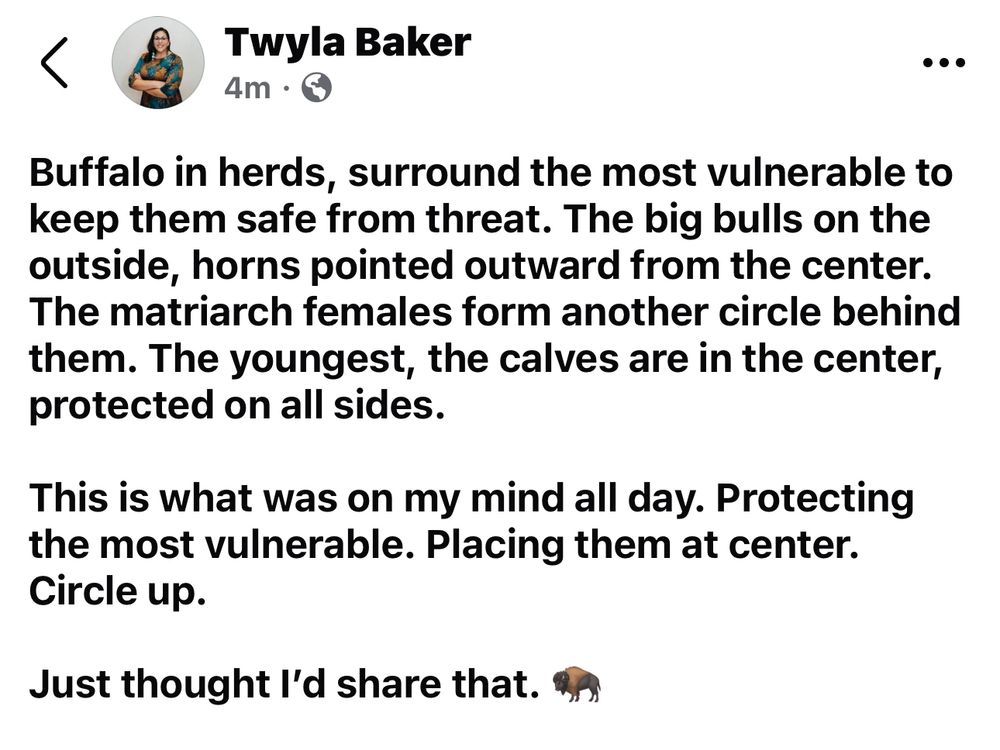 Photo of text states: Buffalo in herds, surround the most vulnerable to keep them safe from threat. The big bulls on the outside, horns pointed outward from the center. The matriarch females form another circle behind them. The youngest, the calves are in the center, protected on all sides.

This is what was on my mind all day. Protecting the most vulnerable. Placing them at center. Circle up. 

Just thought I’d share that. 🦬