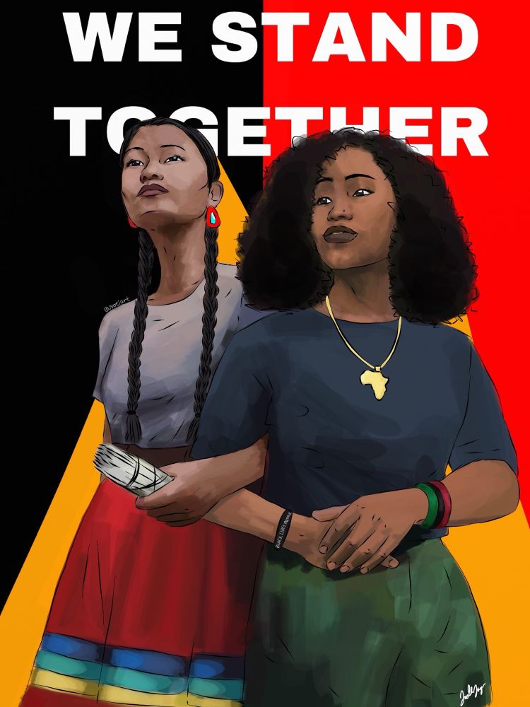 Image of an Indigenous woman and a Black woman, arms linked with the words ‘We Stand Together’ in the background.