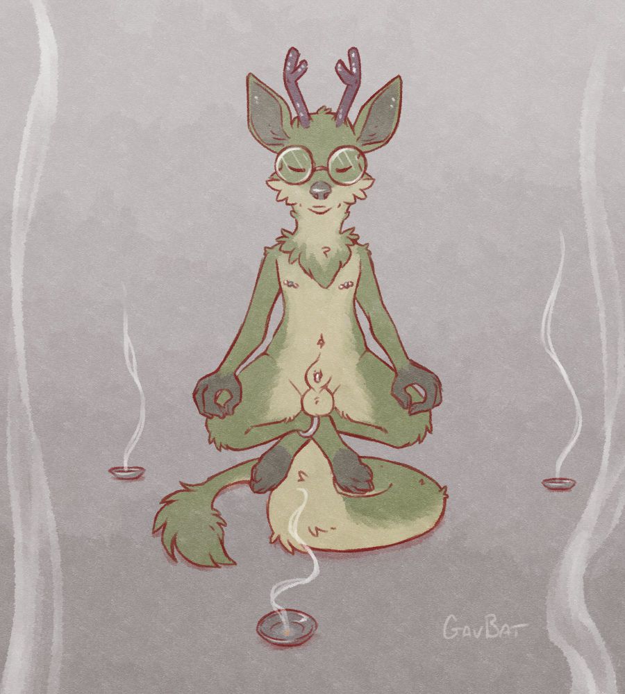 mossweaver the deerbold meditating. they're resting above the floor, balanced on their tail. there are three incense burners spread around them

the deerbold is naked, giving a clear view of their pierced nipples and sheath.