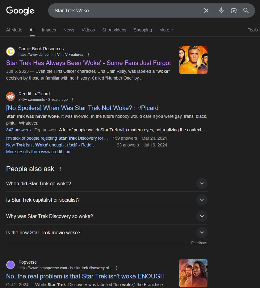 Google results for Star Trek Woke, showing my CBR article saying it always was, a reddit thread posing the same idea, and a Popverse article upping the ante saying it isn't woke enough.