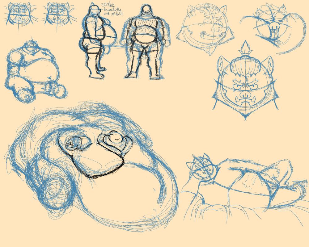 A bunch of sketches of Ganyu. Top left is him waking up. Top-middle is him getting fatter throughout his shift at Fatfur Hooters. Top-Right is him in different emotions and states of being. Of course there are 2 blobs of different size. And a sketch of him in a classic sexy pose. His expression saying that he's only doing it for a dare. 