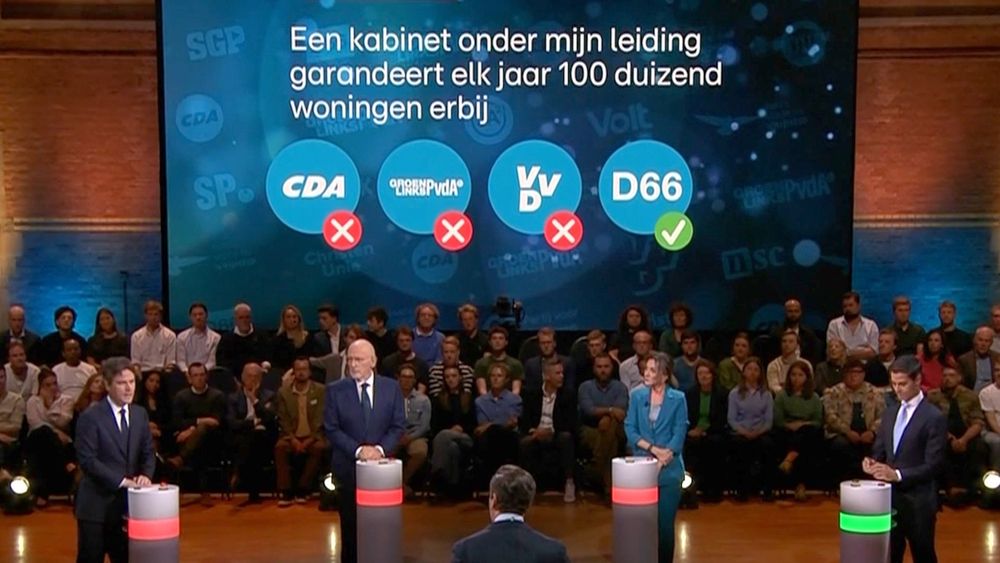 Still uit rtl debat waarin D66 als enige zegt een kabinet te garanderen die 100.000 woningen bouwt per jaar