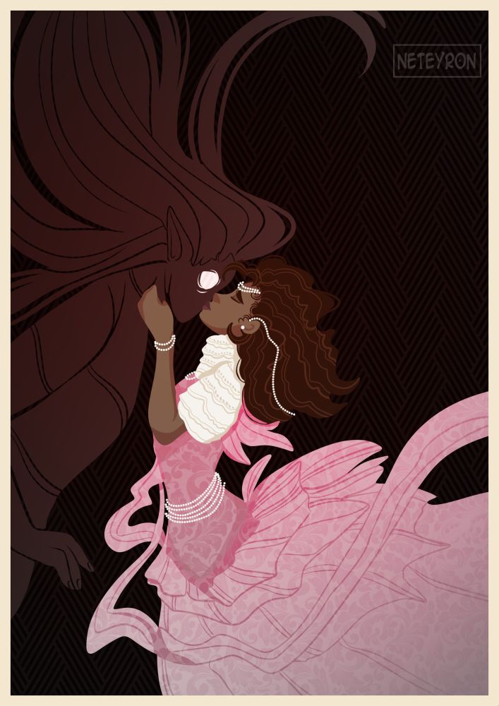 Girl in shiny pink dress kisses dark silhouette of long eared humanoid