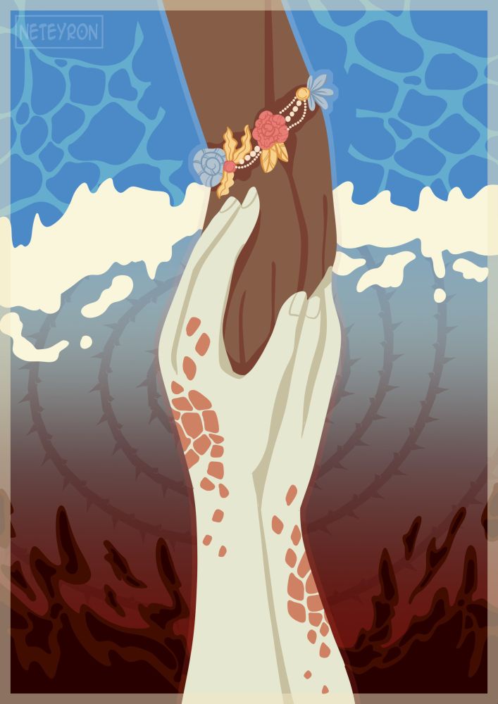 Two people hold hands. One has a bracelet with shells, pearls, flowers and golden leaves