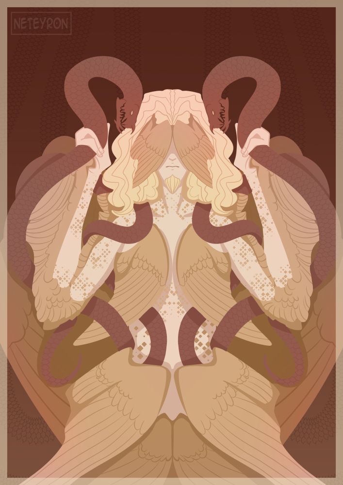 Multi-winged blonde man holds 2 dragon snakes