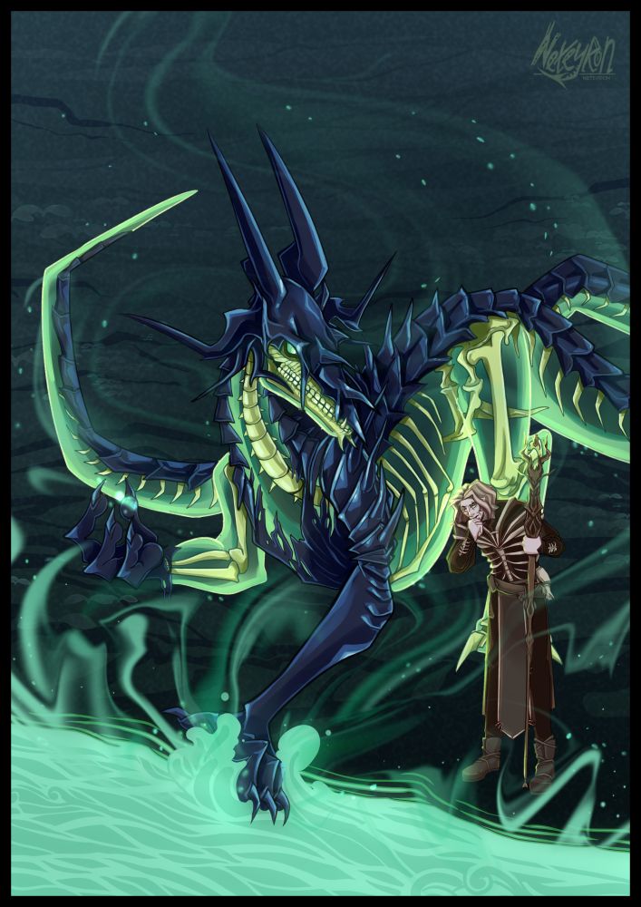 Semi-skeleton dragon with dark blue armor plates touches waters of the glowing river. Right to her stays magician with the staff and thoughtfully looks on water. 