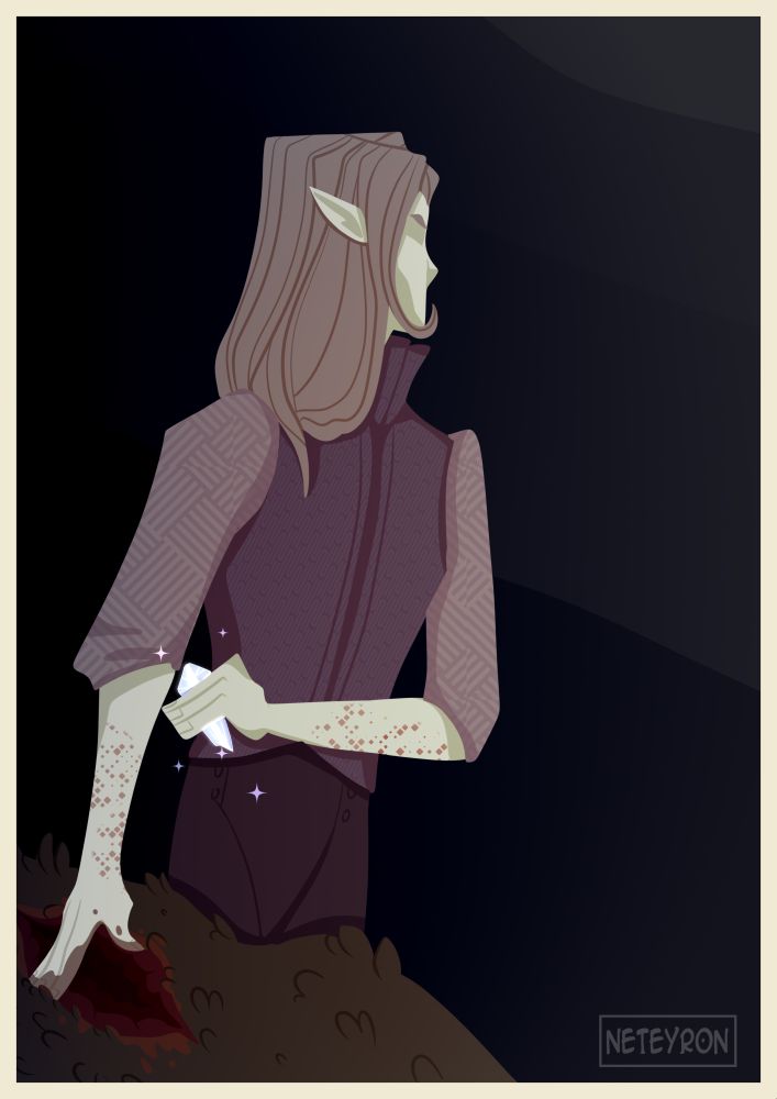 Long eared human holds a crystal in hand and looks back