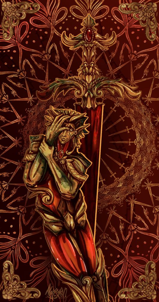 Gold skinned male elf holds his own hand and hides half of his face. On the background there's dagger with red crystal blade
