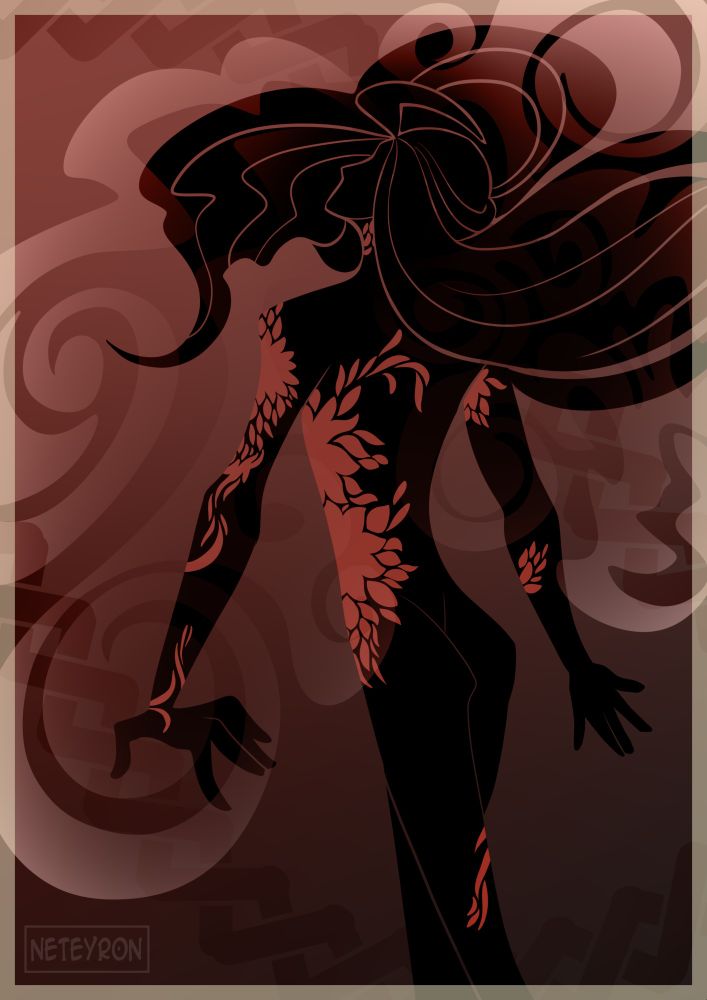 Silhouette of long haired human is covered in red flower-like scales