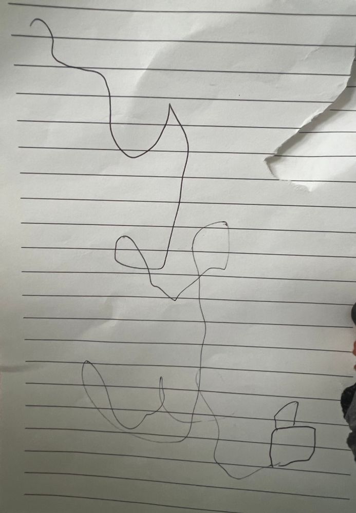 A scribble drawing by a child. It depicts a small box at the bottom with a wavy line going up