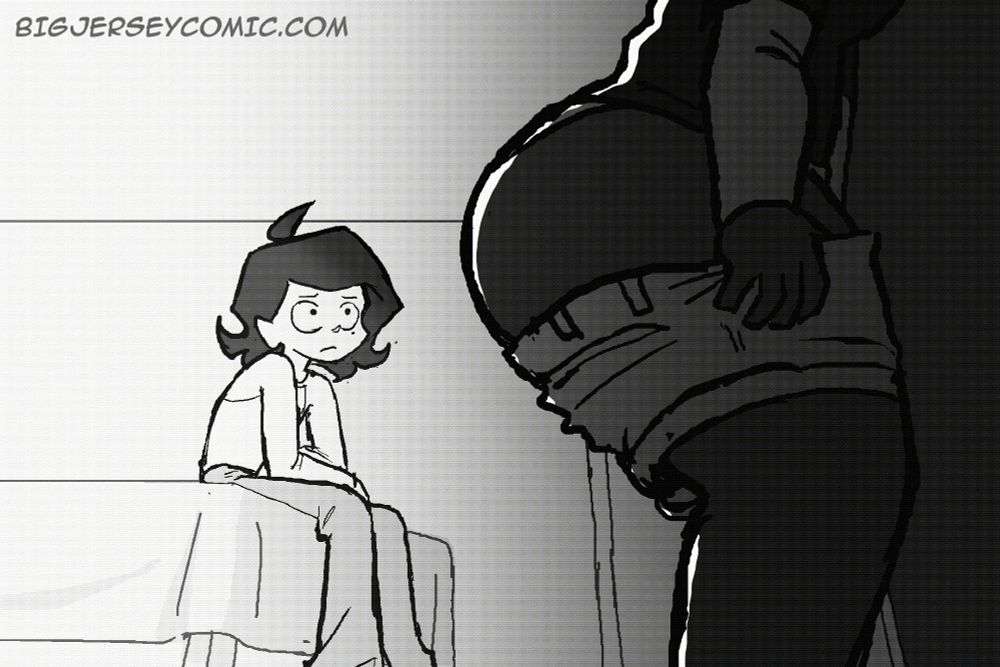 An animated rendition of the BIG JERSEY panel where Sunday looks solemnly and internally conflicted as Carol gets ready for work, revealing her big big big behind