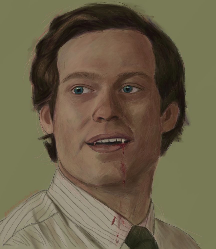 a digital painting of dale jennings from the newsreader as a vampire. there is blood running from the right side of his mouth