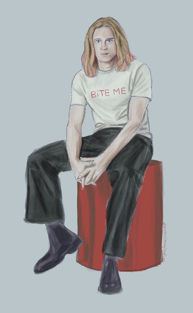 digital art of lestat from interview w the vampire amc sitting on a shiny cylindar chair. wearing a white tshirt that says "BiTE ME" w pink streaks in his hair